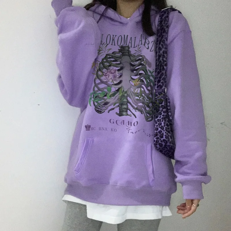 

Bar Harajuku High Street Flowers Top streetwear sweatshirt top Dark Skull Print Hoodie Crew Neck Loose punk windbreaker Y2K