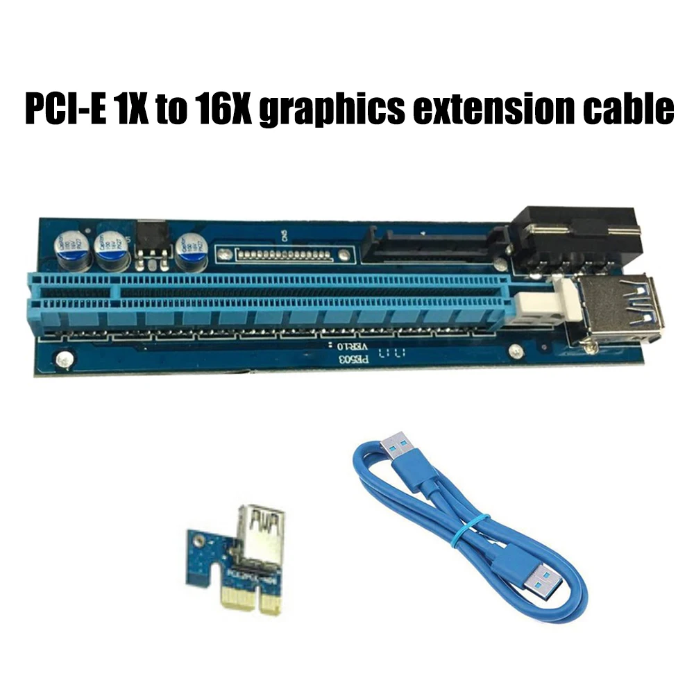 

PCI-E 1X to 16X Riser Card Extension Cord 4PIN+SATA Dual Interface with USB3.0 Cable Burden for Computer Bitcoin Mining Miner