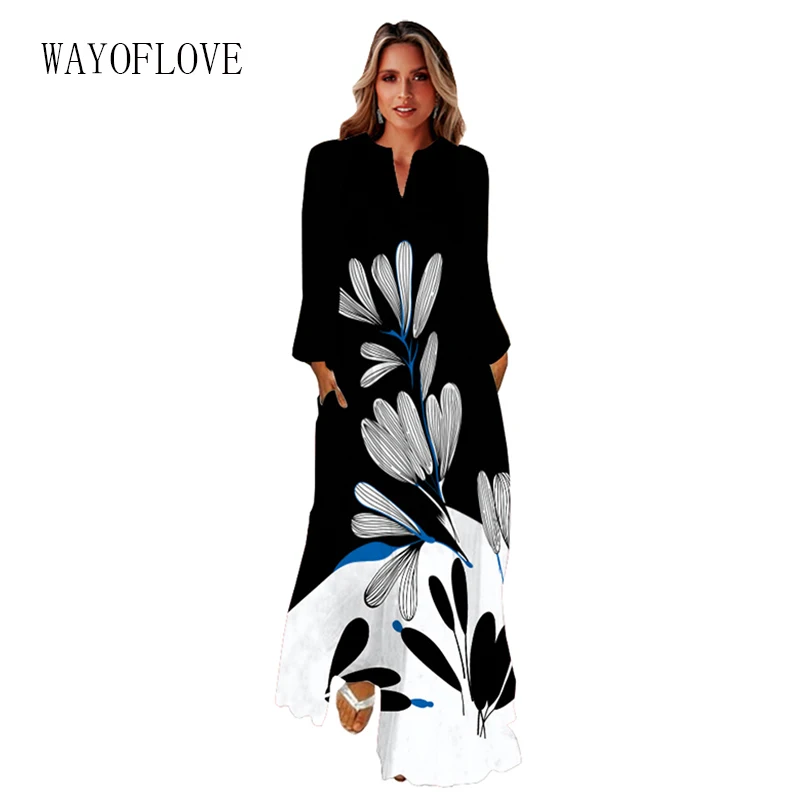 

WAYOFLOVE 2022 Long Sleeve Dress Autumn Winter Beach Casual 3D Leaf Printed Long Dresses Woman Elegant Loose Black Women's Dress