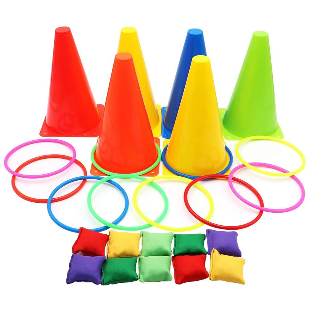 

3 in 1 Kids Outdoor Ring Toss Game Set Children Traffic Cone Bean Bags for Throwing for Carnival Garden Backyard Outdoor Games