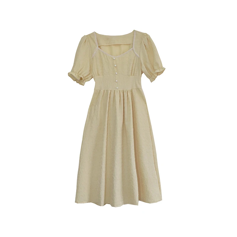 

French Vintage Casual V-Neck Sexy Puff Sleeve Fashion Elegant Simple Yellow One Piece Midi Dress Women'S Korean Summer Clothing