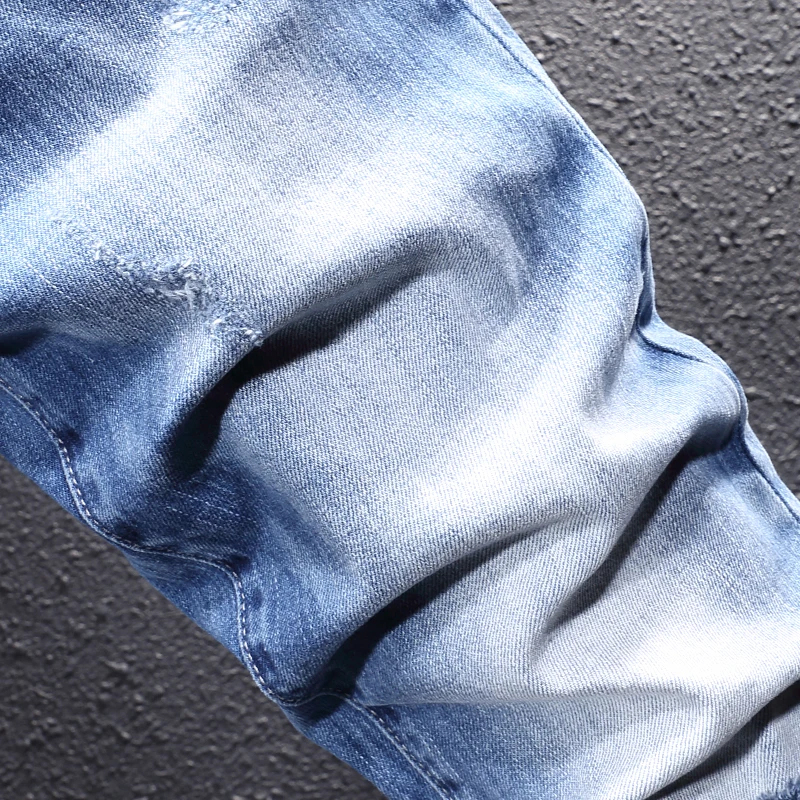 Newly Vintage Fashion Men Jeans Retro Light Blue Elastic Slim Fit Ripped Jeans Men Embroidery Designer Casual Plain Denim Pants