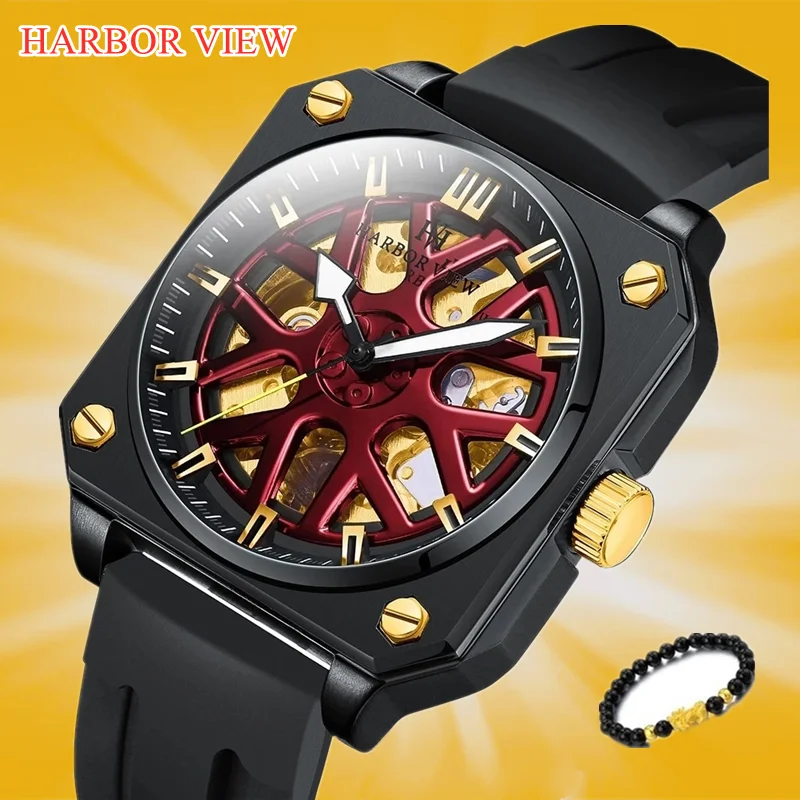 

Famous Luxury Men's Mechanical Watches Big Dial Hollow Top Brand Men silicone Sports Square Water Resistant Automatic Watch 2021