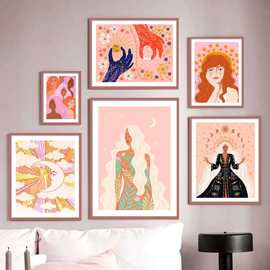 

Colorful Abstract Girls Sun Moon Shapes Wall Art Canvas Painting Nordic Posters And Prints Wall Pictures For Living Room Decor