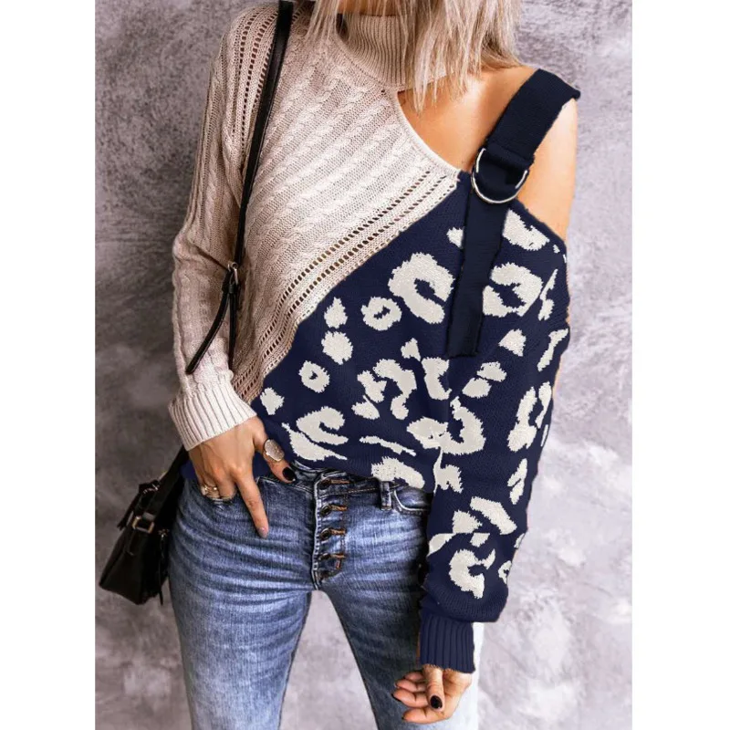 Женский леопардовый свитер в полоску вязаный стильный джемпер с высоким