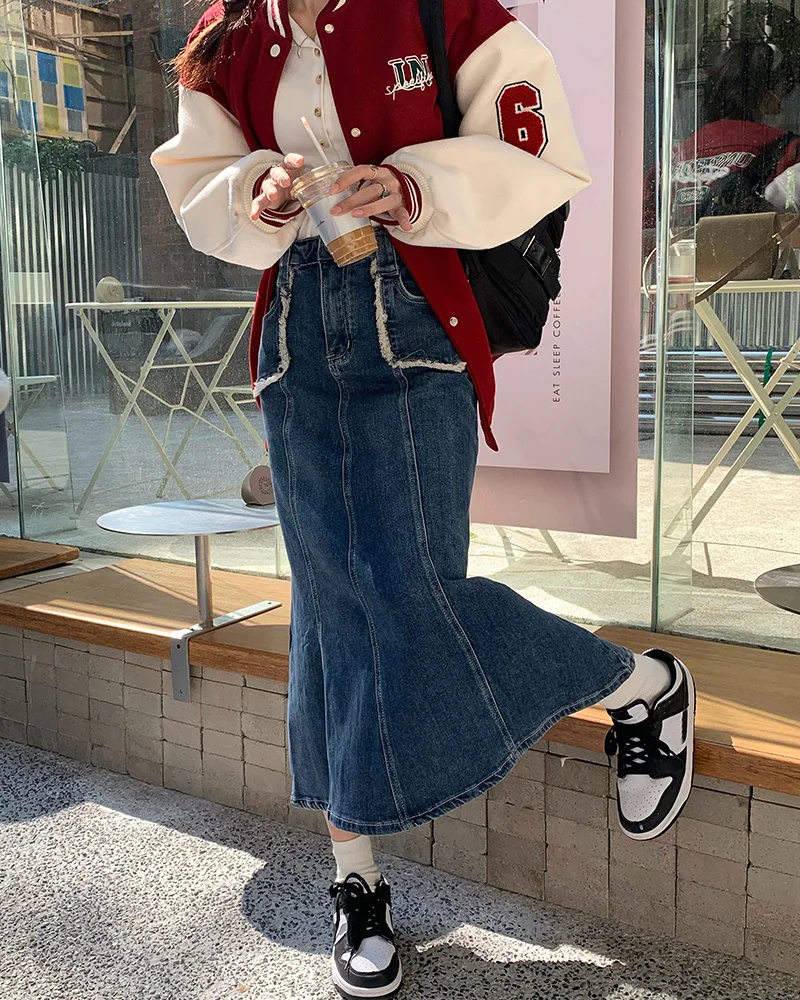 Женская тонкая юбка с высокой талией оборками и юбка-годе на осень зиму 2021 |