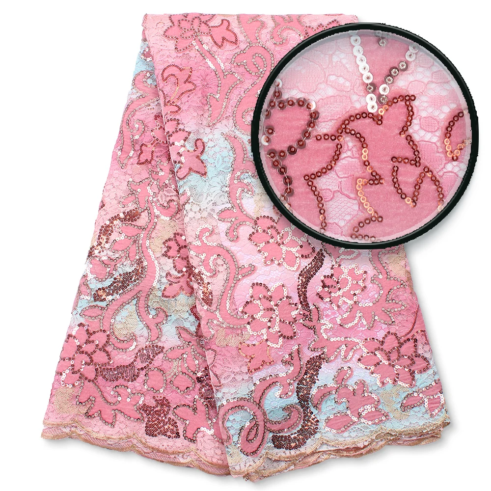 

Pink Nigerian French Lace Fabrics 2021 Latest Tulle Lace Fabric High Quality African Lace Embroidered Wedding Fabric 4166B