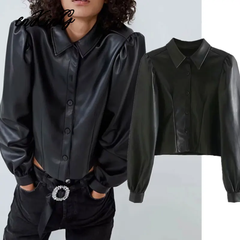Английская уличная кожаная рубашка с пышными рукавами blusas mujer de moda PU короткая рубашка женские Топы И Футболки