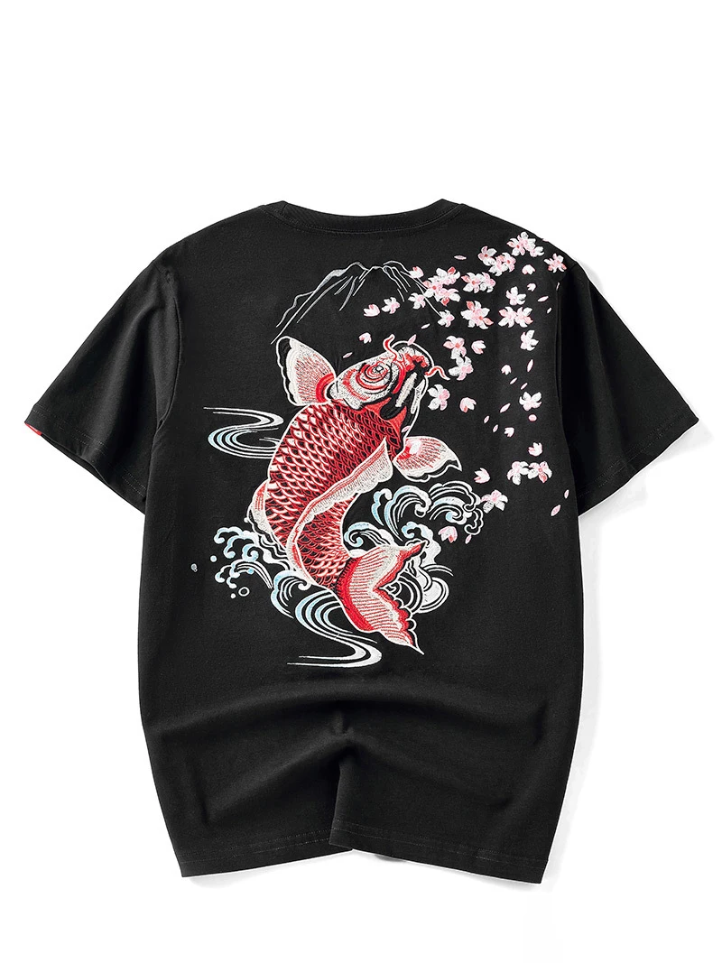 

Summer new style Chinese style heavy industry embroidered carp pure cotton loose national tide short-sleeved T-shirt for men