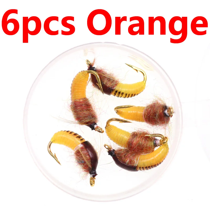 6PCS orange Bimoo 6 шт.#12 Реалистичная Nymph Scud Fly для ловли форели Nymphing искусственная приманка-насекомое приманка Caddis Nymph Fishing Fly - Цвет: 6PCS orange
