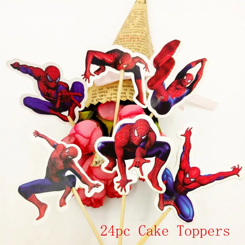 24 pc Cake Toppers 12 обертывания+ 12 Топпер Человек-паук вечерние принадлежности кекс обертка для капкейков топперы супергерой детский душ Дети День рождения украшения - Цвет: 24 pc Cake Toppers