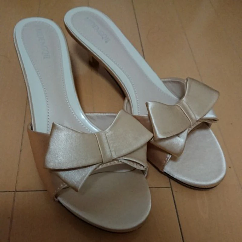 2021 Summer Shoes Woman Big Bow Thin High Heels Slippers Peep Toe Mules Lady Slides Shoes Plus Size 43 Black Red Women Sandals