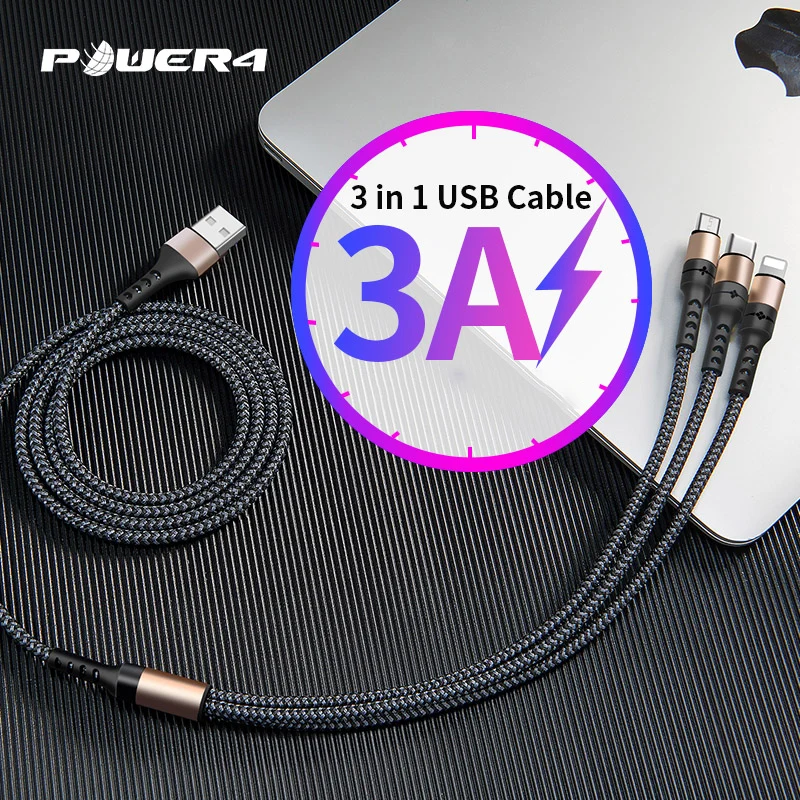 Power4 3 в 1 USB кабель быстрая зарядка зарядное устройство Micro для Lightning Type C