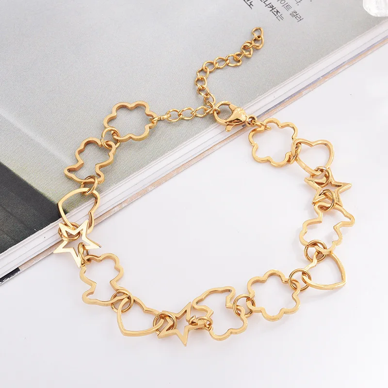 Нержавеющая сталь полый браслет медведь любящее сердце с цветочным узором