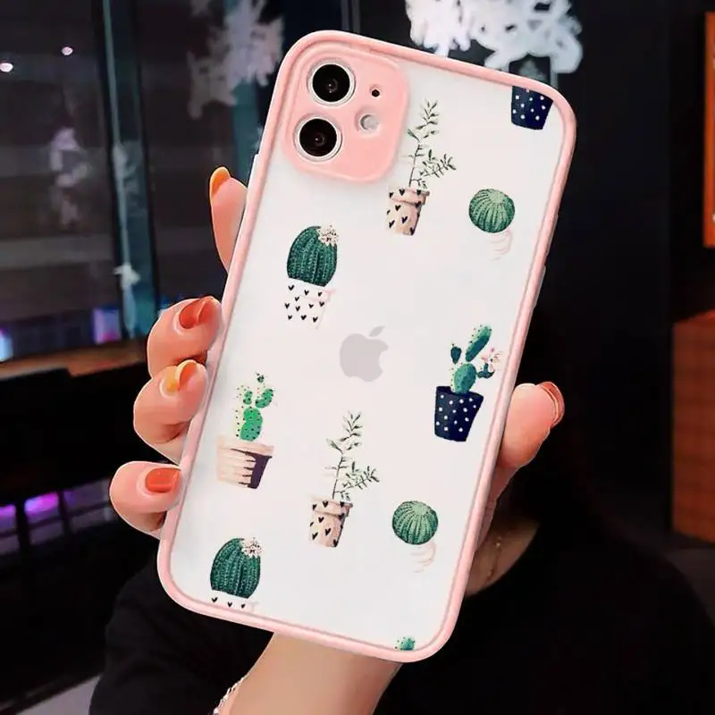 

Lovely kawaii Cartoon cactus Phone Case Matte Transparent for iPhone 7 8 11 12 s mini pro X XS XR MAX Plus cover funda