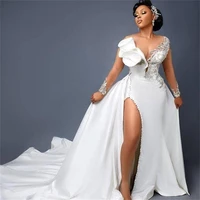 african satin mermaid wedding dress with detachable train sheer long sleeve lace applique bridal gowns side split robe de soir%c3%a9e