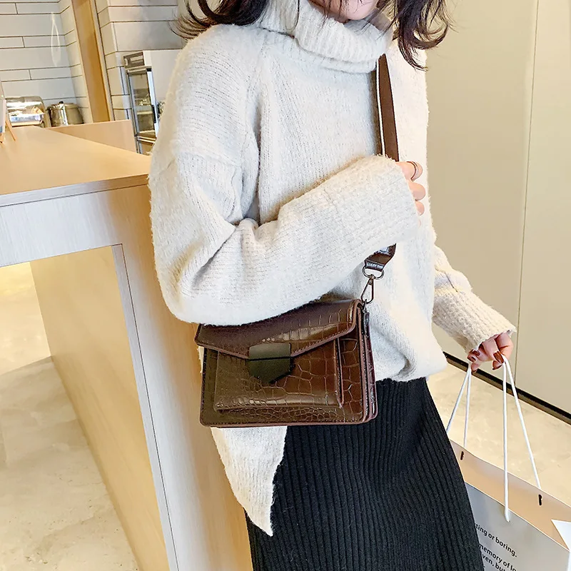 

2021 New Style Mini Handbags Ladies Fashion Small Flap Simple PU Leather Shoulder Bag Vintage Wide Shoulder Strap Messenger Bag