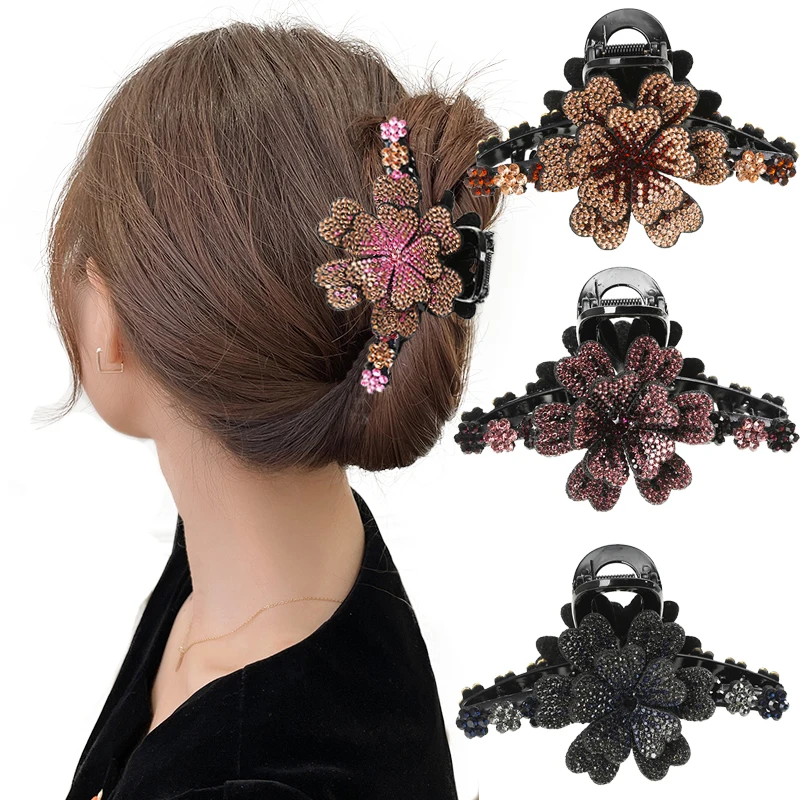 

Rhinestone Big Flower Hair Claw Crystal Claw Clips Ponytail Girls Hairpin Hair Accessories Ornament for Women Girls Barrette