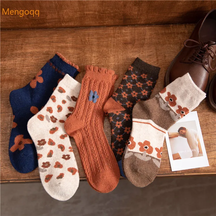 

Зимние шерстяные чулки в стиле ретро, утолщенные теплые детские чулки из кроличьей шерсти с цветами, для девочек, кофейного цвета, взрывоопа...