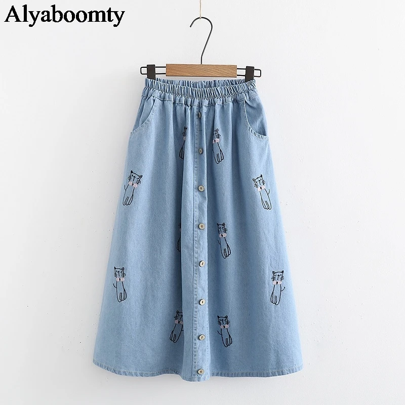 Японский Мори девушка осень весна женская джинсовая миди юбка высокая талия синяя вышивка аниме юбка Saias пуговицы карманы длинные юбки - Цвет: Blue