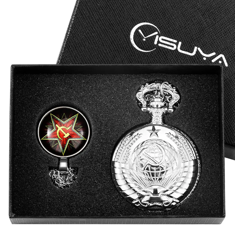Vintage Pocket Watch Sets for Men Silver Necklace Pocket Watch Communist Ussr Watch Badge Pedent Chain Steampunk Clock Gifts