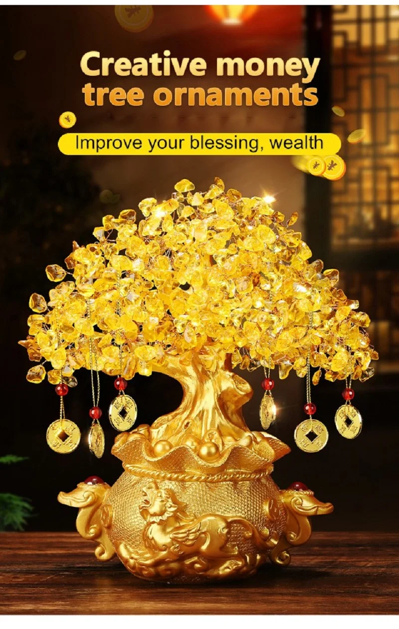 

18cm Lucky Tree Wealth Yellow Crystal Tree Natural Lucky Tree Money Tree Ornaments Bonsai Style Wealth Luck Feng Shui Ornaments