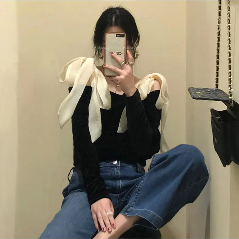 

Blouses Women Slash Neck Long Sleeve Shirts Womens New Fashion Elegant Slinky Clothing Bow Black Off-shoulder Korean Style Ins