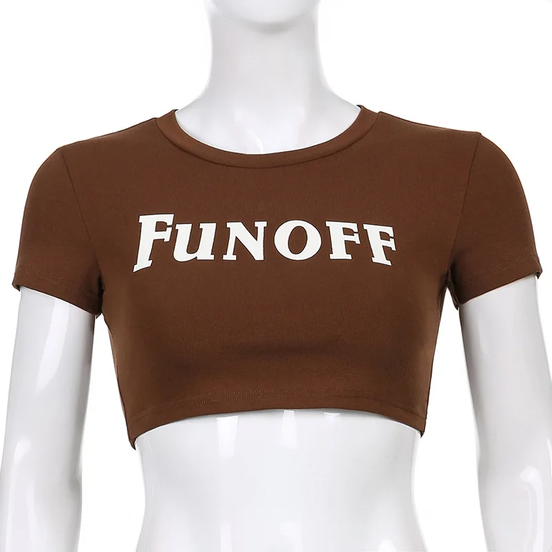 

WEPBEL Women Elegant Skinny Letter Print Crop Top Shirt Ladies Sexy Brown Short Sleeve O Neck Bottoming Short T-shirt