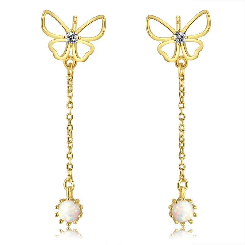 

Hollow Butterfly Gold Color Tassel Earring 925 Sterling Silver Zircon Opal Animal Stud Earring For Women Wedding Fine Jewelry