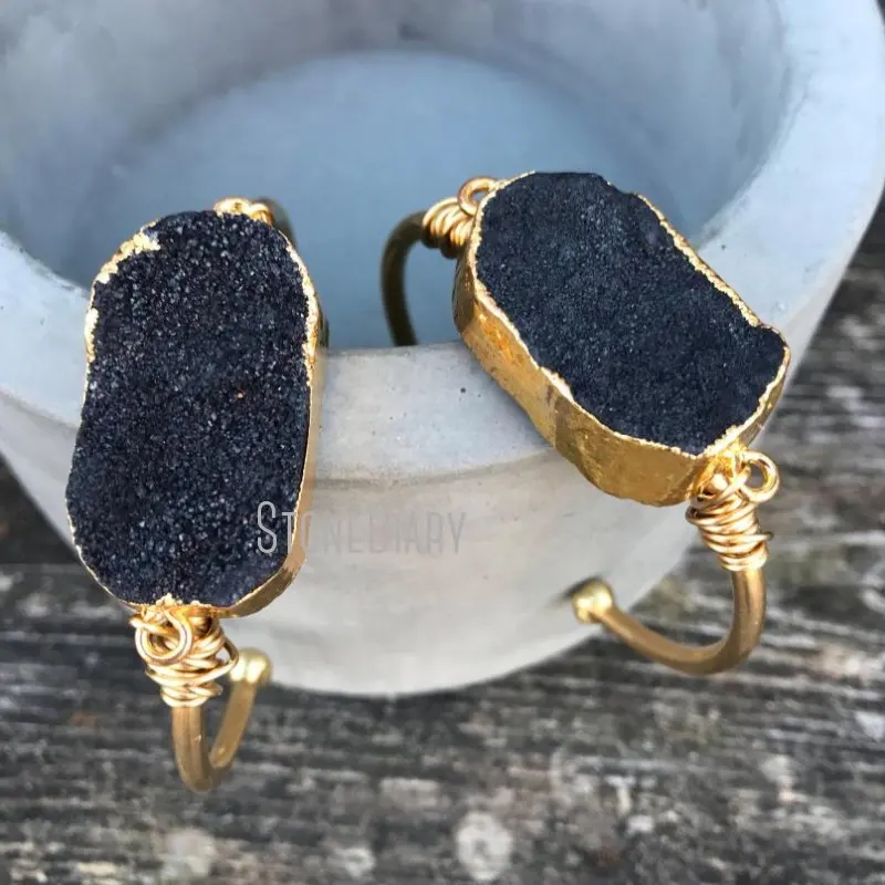 Богемный черный браслет из друзы BM11255 овальный с золотым гальваническим