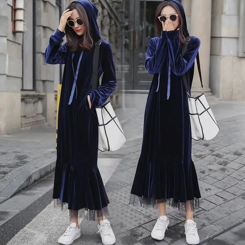 

Velvet Women Autumn Winter Dress High Fashion Soft Long Hooded Ruffles Female Dresses Spliced Full Sleeve Women's Dress CC231