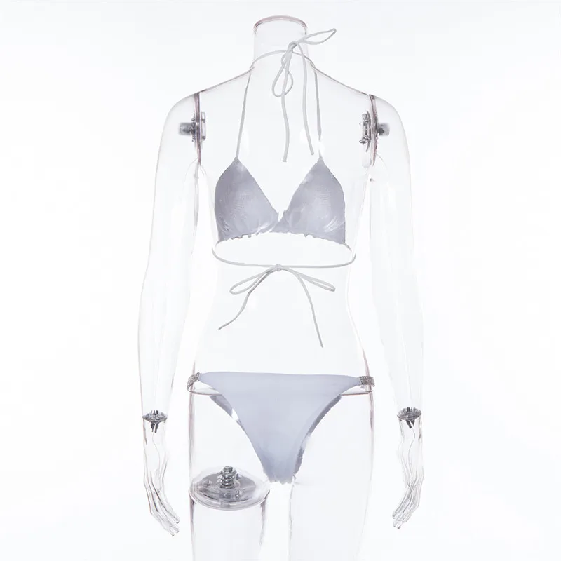 Luxury Rhinestone Bikini Sliver Set Crystal Diamond Sexy Women Swimsuit Halter Push Up Girls Swimwear Bikini Set White