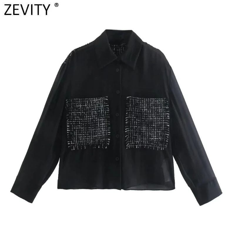 

Женская модная твидовая шифоновая блузка Zevity в стиле пэчворк, офисные женские повседневные облегающие рубашки с длинным рукавом, шикарные ...