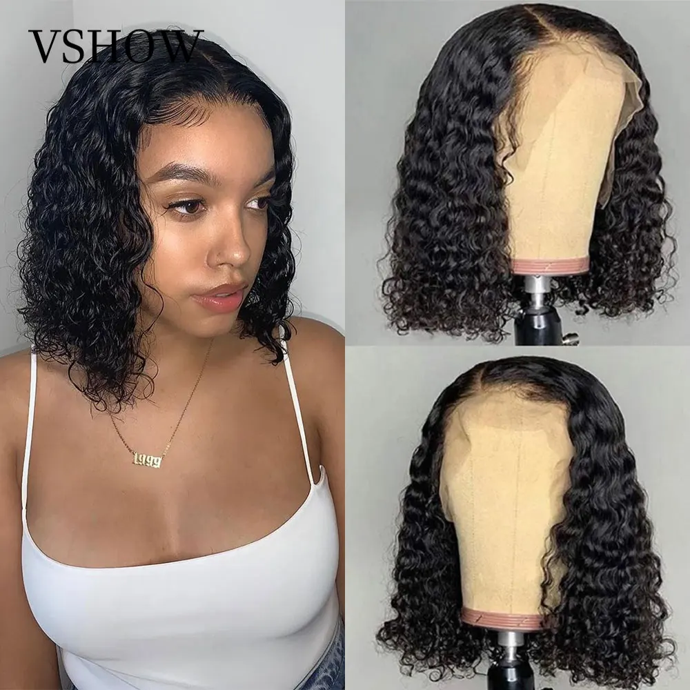 

Deep Wave Short Bob Human Hair Wig 4x4 Malasian Natural Hairline Lace closure Deep Curly Bob 13x4 Lace Front Wig With Baby Hair