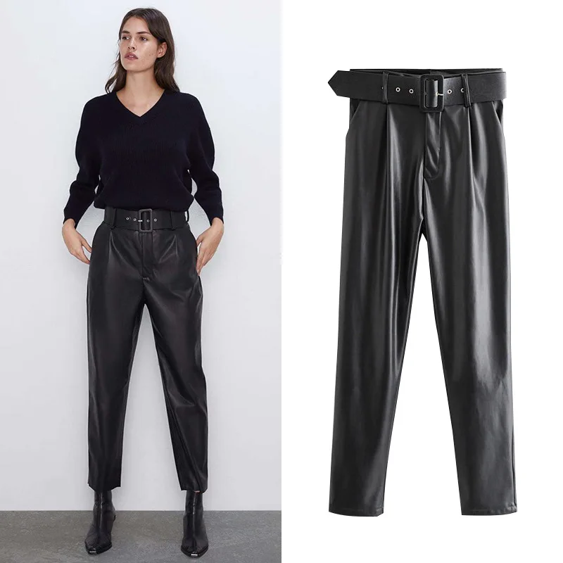 

Spring PU Leather Casual Women's Harem Pants Full Length Faux Leather PU Black Pants Women