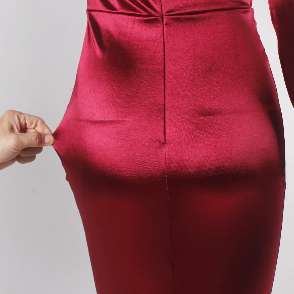 

Deep V Neck Full Sleeved Pleated Long Evening Party Dress Satin Floor Length Event Gown Prom Robe