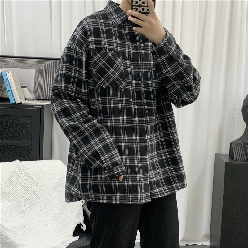 

Plaid Shirts Men Long Sleeve Shirt Spring New Retro Hong Kong Style Vintage Design Button Up Turn-down Collar Leisure Chic Tops