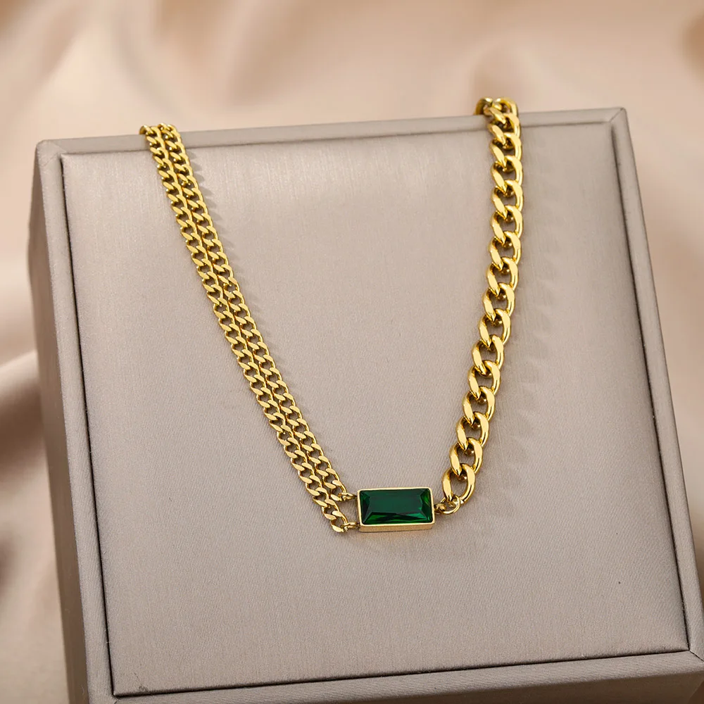 

Stainless Steel Fashion Jewelry Minimalism Green Zircon Charms Thick Neck Chain Choker Necklaces Pendants For Women Bijoux Femme