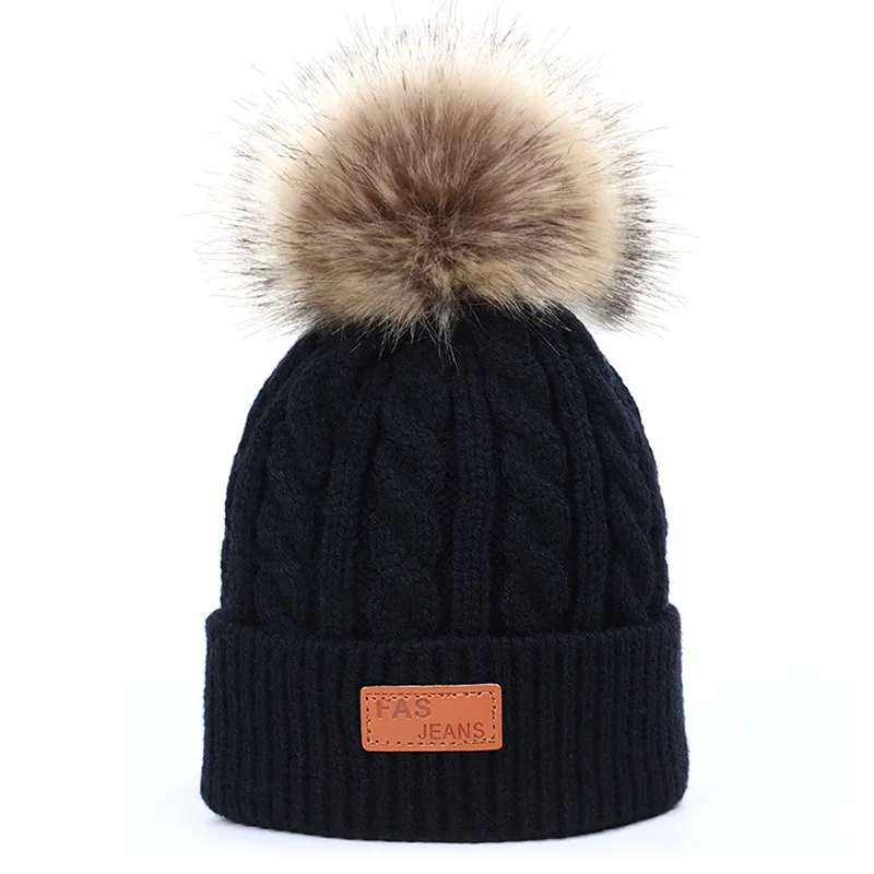Black-2 Детская шапка, вязаная Милая шапка для девочек, BoysBig Pom pom Beanie, детские шапки для девочек и мальчиков, теплая вязаная зимняя детская шапка из натурального енота F - Цвет: Black-2