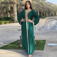 fashion muslim jalabiya hijab dress for women middle east turkey arabic dubai moroccan kaftan diamond ribbon v neck long sleeve