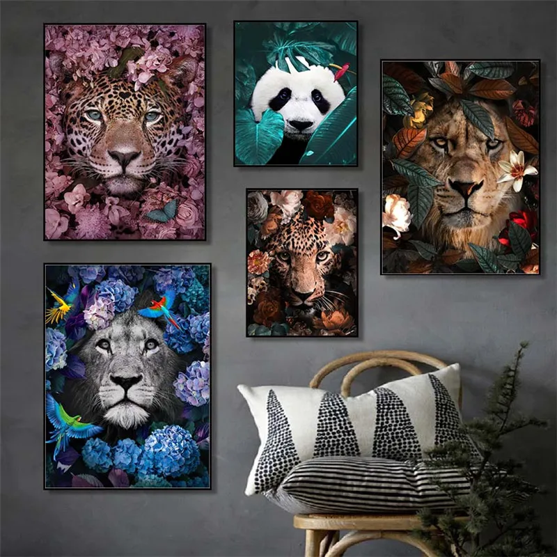 

Flower Animal Lion Tiger Deer Leopard Abstract Canvas Painting Wall Art Nordic Print Poster Decorative Picture Living Room Decor