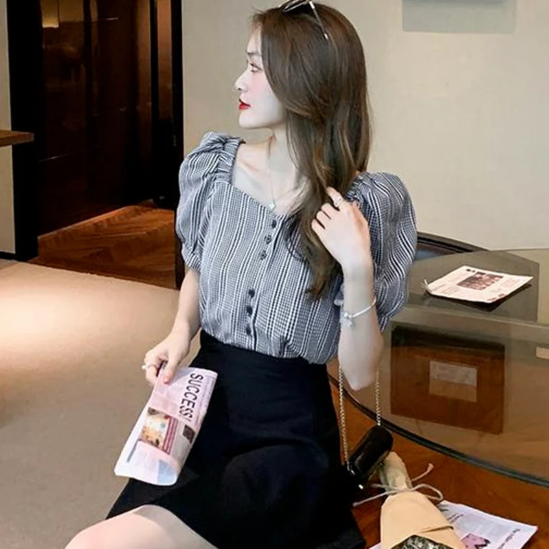 Женские рубашки с квадратным воротником и пышными рукавами повседневные