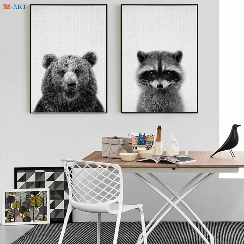 Настенная картина с лесными животными декор для детской комнаты черно белые