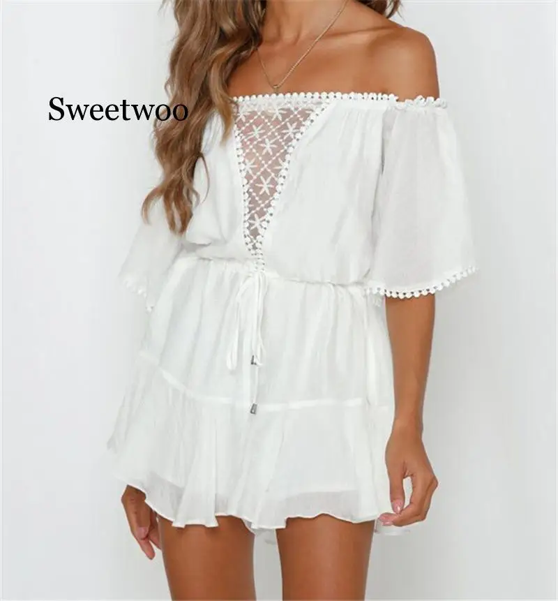 

White Lace Summer Urban Women Off Shoulder Playsuit Shorts Ladies Elegant Backless Ruffle Romper Sexy Shorts Overalls Jumpsuits