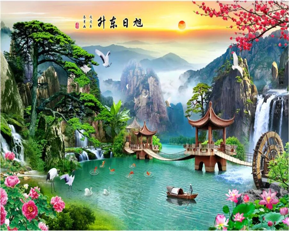 Пользовательские обои 3d фото фрески китайская живопись пейзаж водный поток Чой