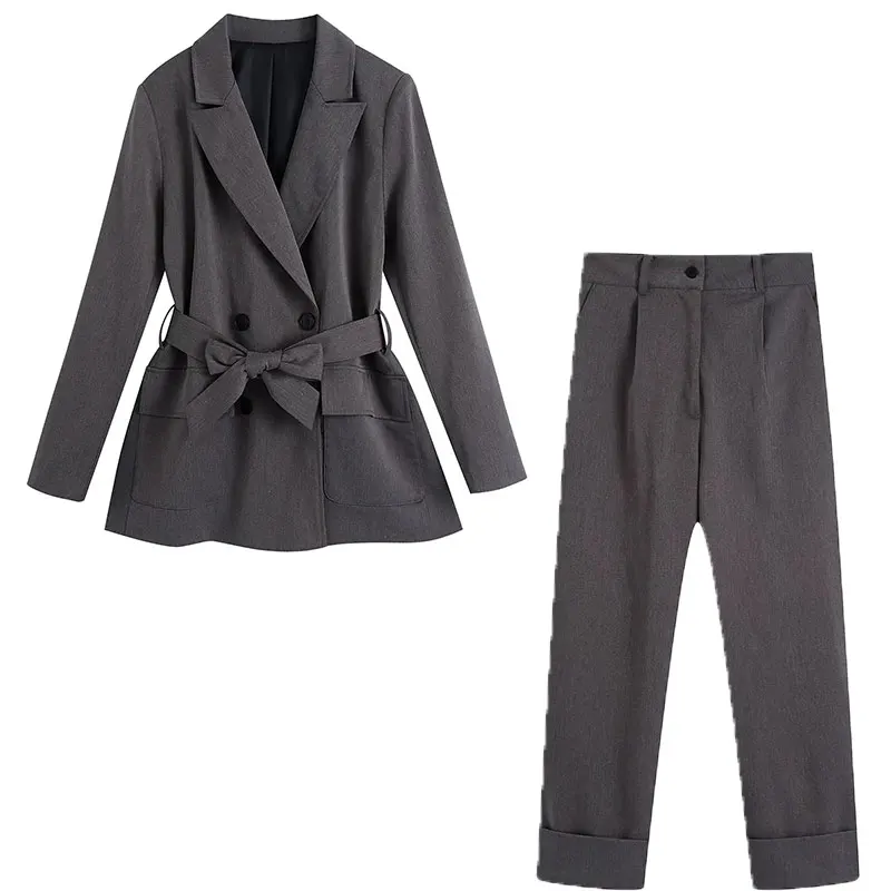 

Women Elegant 2 Piece Set Women Lace-up Blazer and Long Wide Leg Pant Set Autumn Office Lady Work Outfits Dropshipping