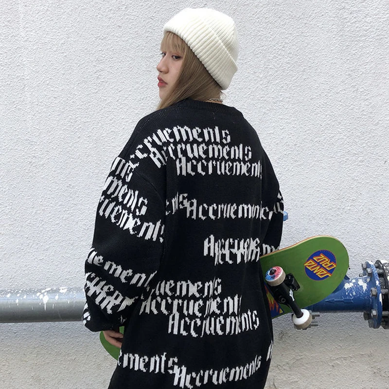 

Harajuku Sweater Pullover Unisex Letter Jacquard Fashion Casual Streetwear Knitted Sweater Hip-Hop Black White Women Sweater Top