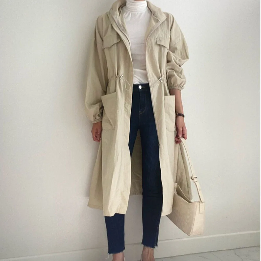 

Тренчкот женский средней длины, модное повседневное однотонное облегающее элегантное пальто на молнии, с длинным рукавом, с лацканами, в ст...