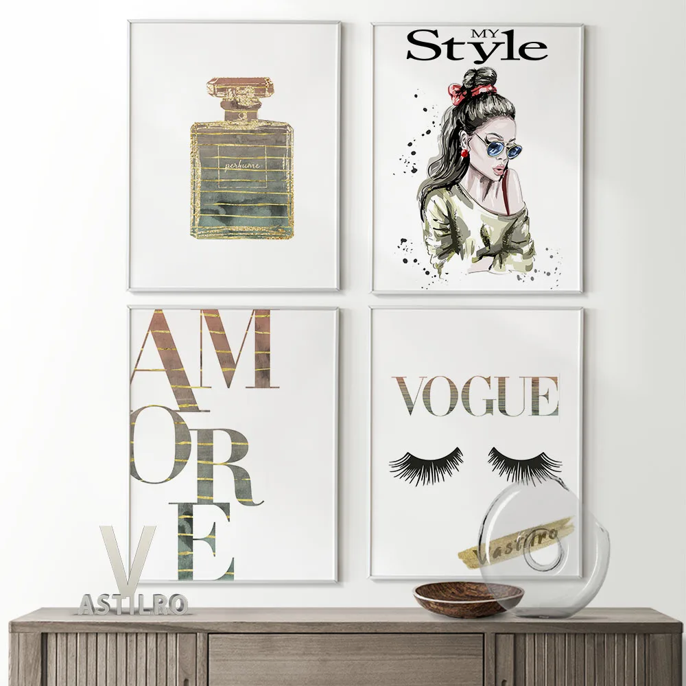 

Fashion Style Illustration Poster Woman Cosmetic Perfume Bottle Art Prints Wall Stickers Living Home Decor Canvas Painting Gift