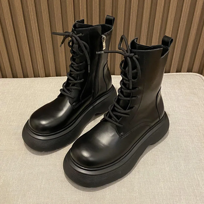 

Lucyever Vintage Big Toe Women's Ankle Boots Autumn 2021 Pu Leather Platform Motorcycle Boots Woman Thick Bottom Booties Shoes